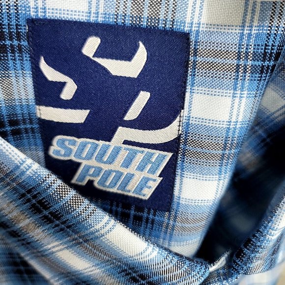 Y2K SouthPole Mens L Blue Plaid Long Sleeve Button Front Shirt Streetwear - Picture 7 of 9